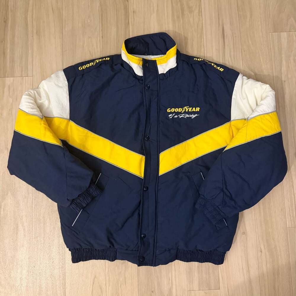 Vintage Goodyear #1 in Racing Blue Yellow Puffer Jacket Size M